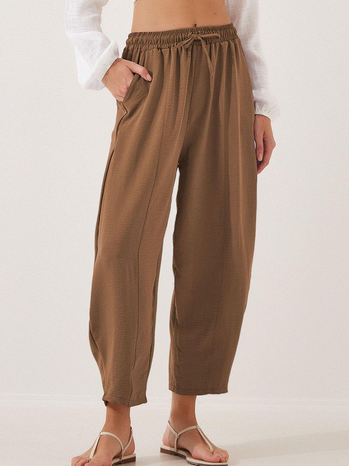 Cropped Joggers with Pockets - Full Size Fit Brown