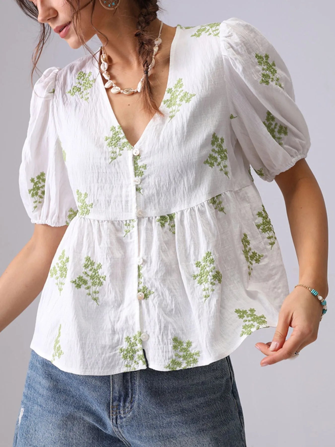 Embroidered V-Neck Puff Sleeve Peplum Blouse