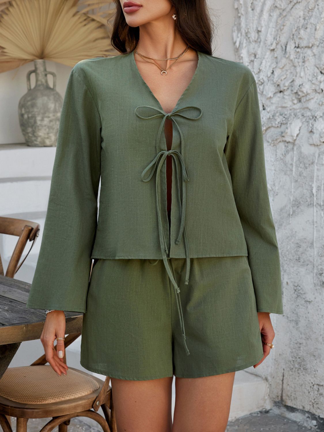 Devine Double Tied V-Neck Top & Shorts Set - Chic & Breathable