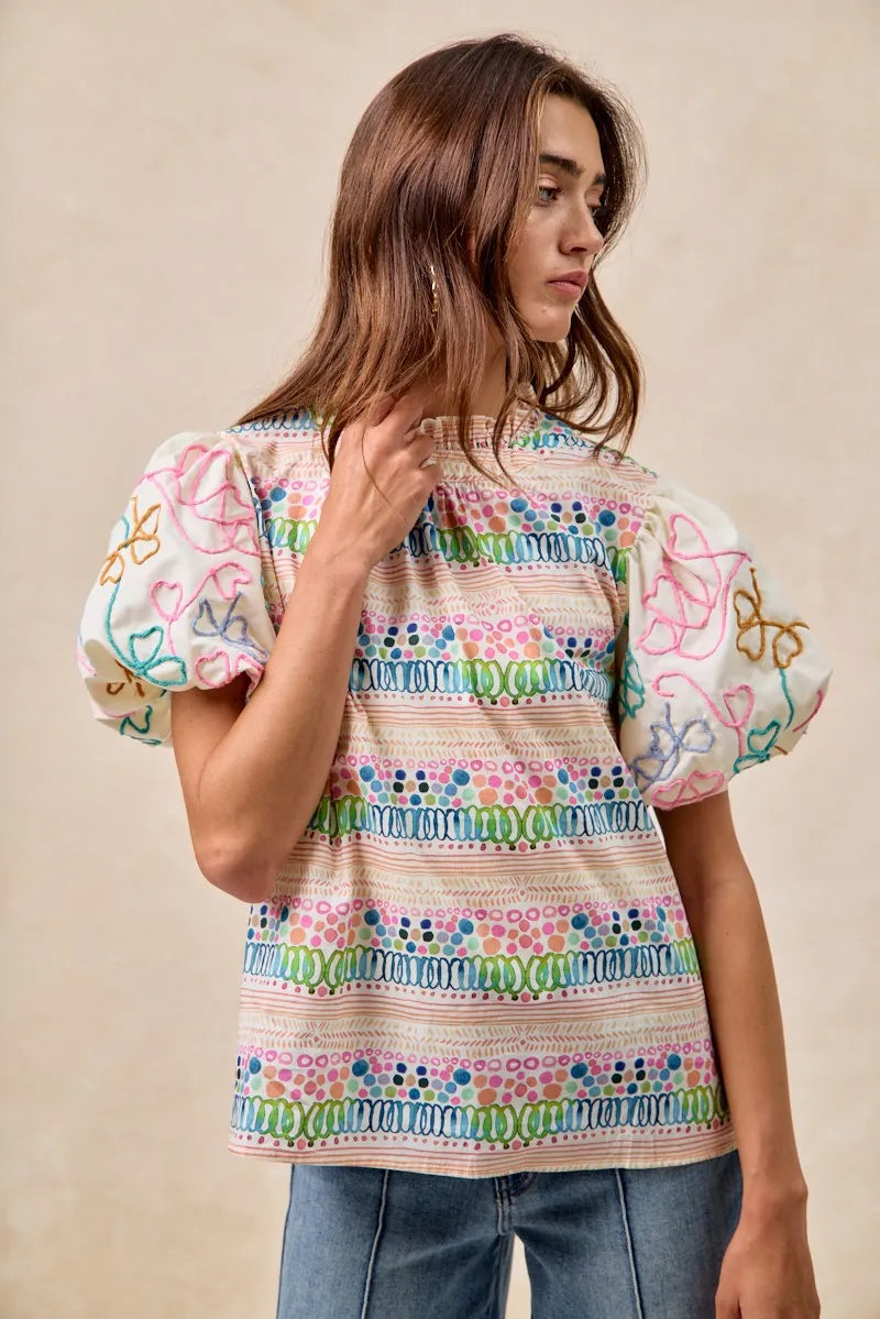 BiBi Ruffle Neckline Blouse With Embroidery Bubble Sleeve