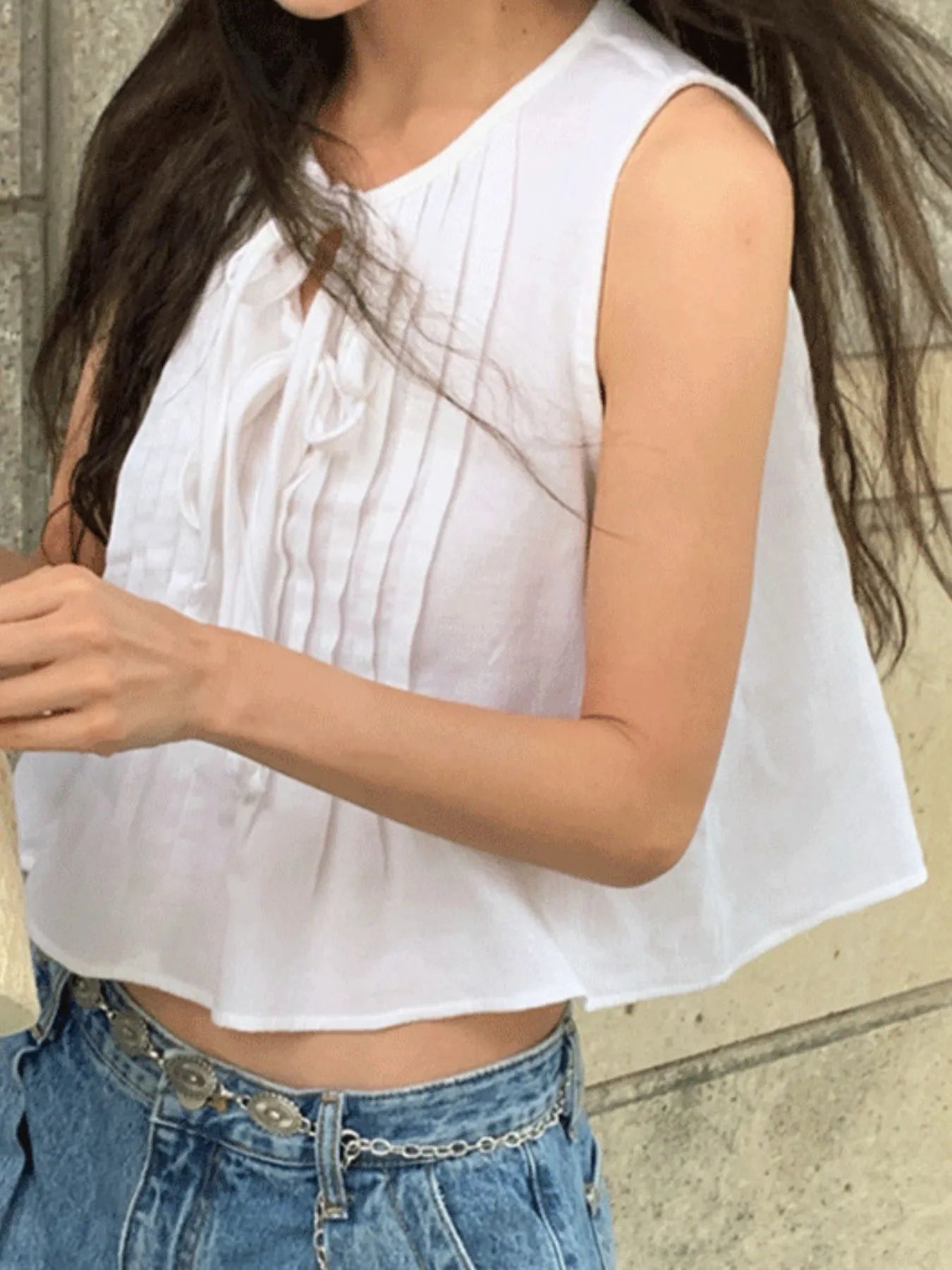 Tie-Front Sleeveless Summer Blouse – Lightweight Ruched Top