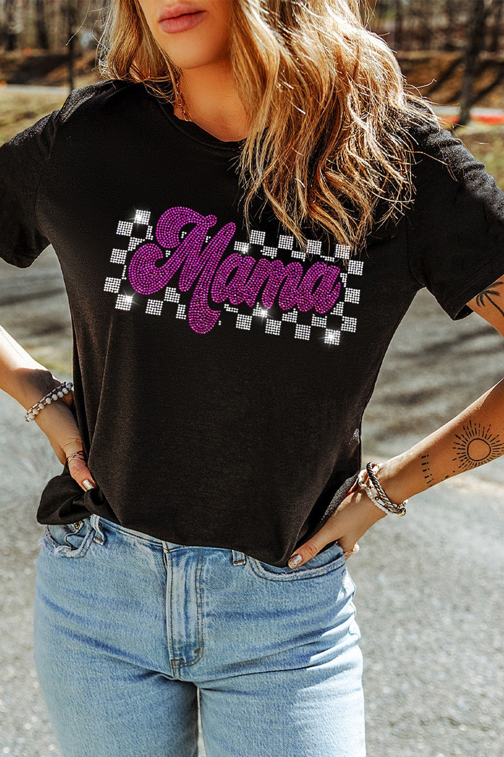 MAMA Rhinestone Letter Round Neck T-Shirt Black