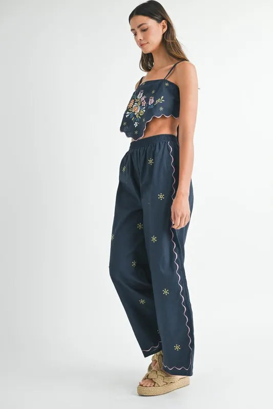 MABLE Elegant Linen Embroidered Scarf Top & Pants Set
