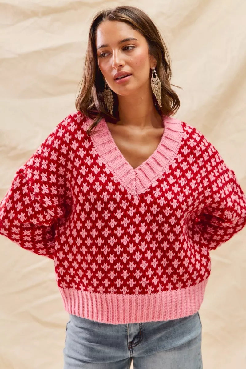 SO ME Color Block Textured V-Neck Christmas Sweater Top