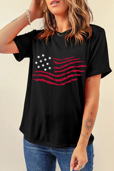 US Flag Round Neck Short Sleeve T-Shirt - Patriotic & Stylish