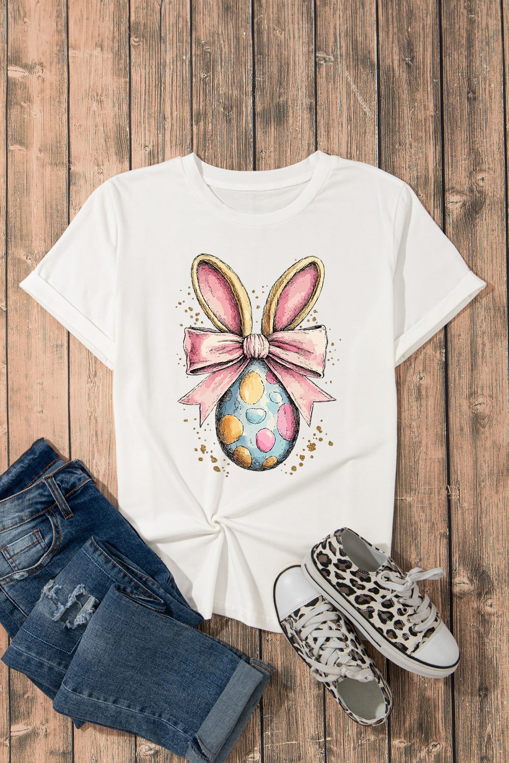 Easter Egg Bow Bunny Ear Graphic T-Shirt - Festive & Cute