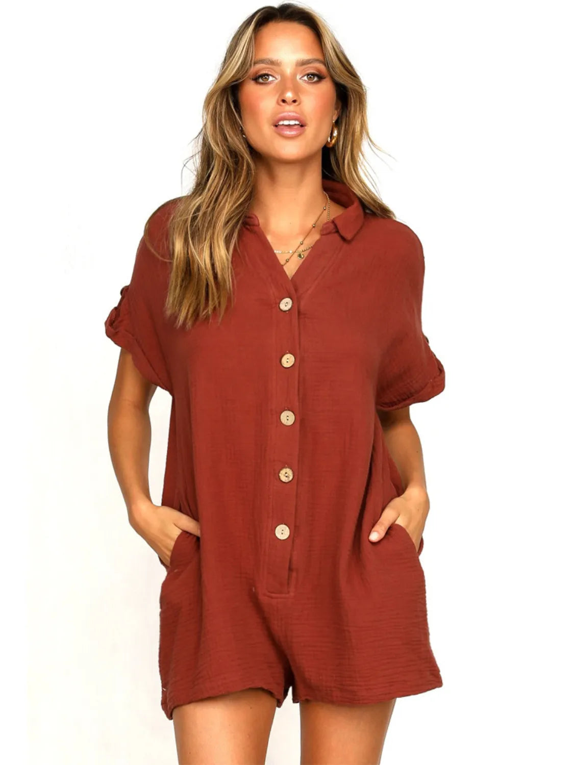Button-Front Pocketed Short Sleeve Romper