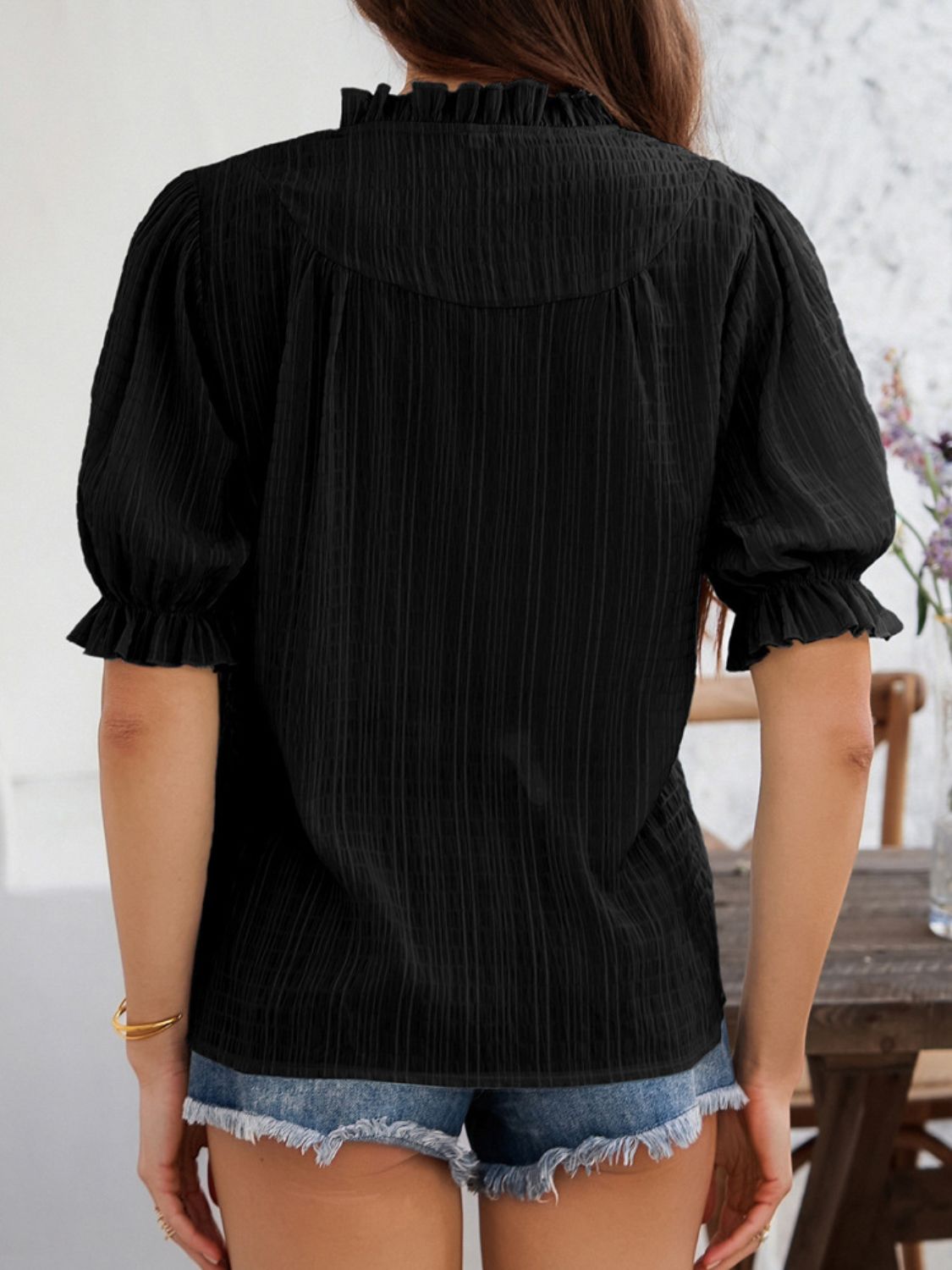 Devine Frill Notched Short Sleeve Blouse - Elegant & Chic
