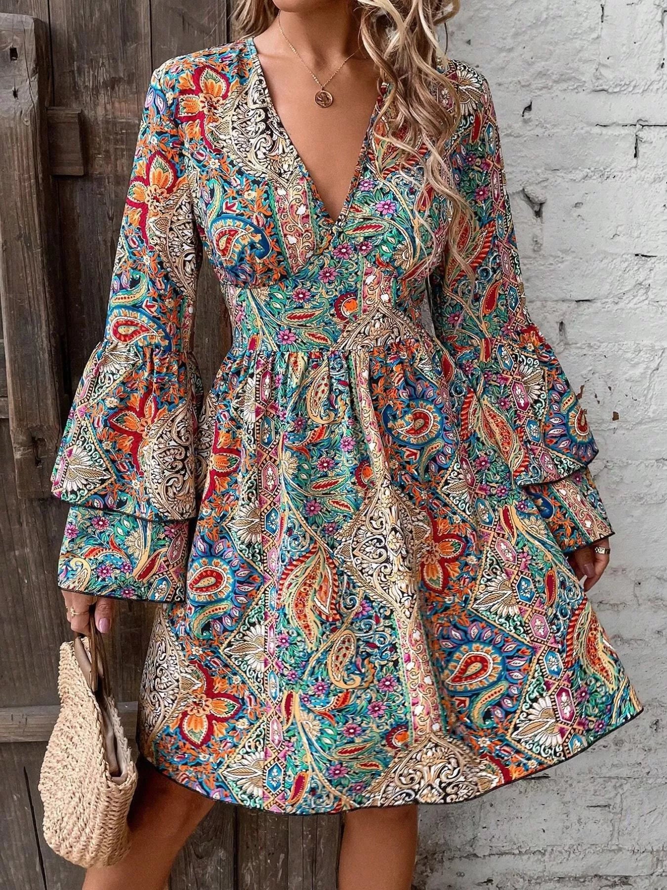 Paisley Print V-Neck Ruffled Flounce Sleeve Dress
