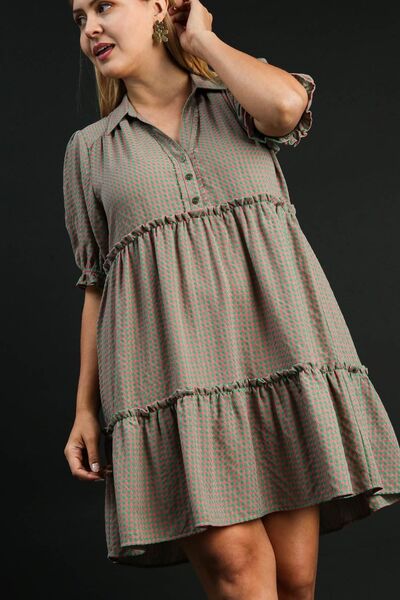Umgee Full Size Plaid Frill Button Detail Ruffled Short Sleeve Dress