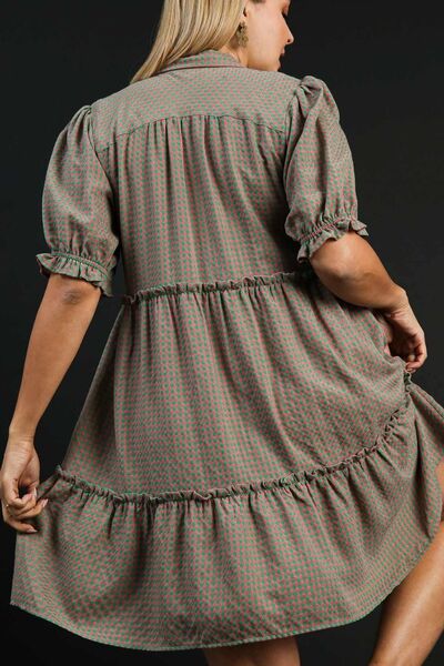 Umgee Full Size Plaid Frill Button Detail Ruffled Short Sleeve Dress