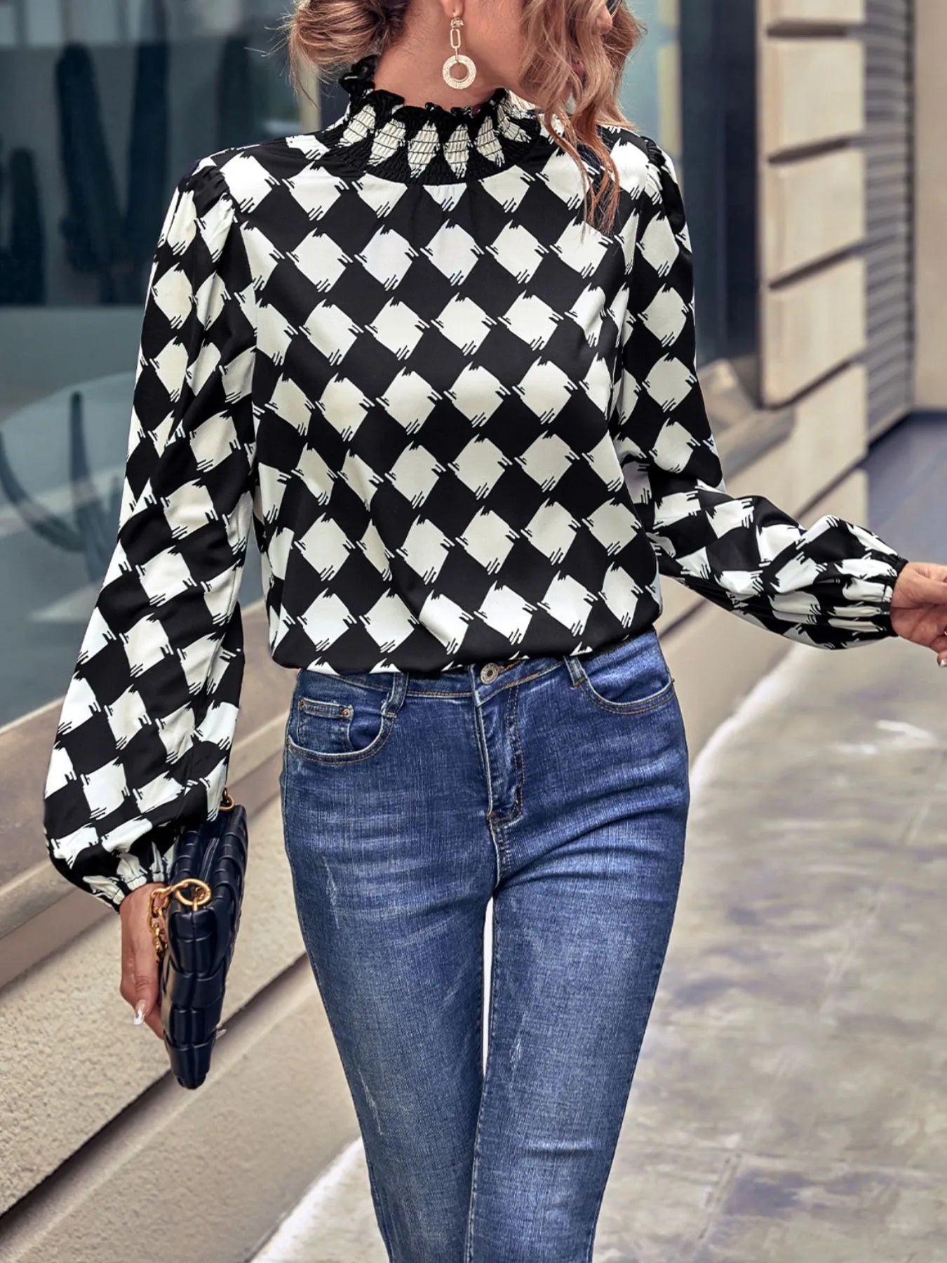 Checkered Pattern Balloon Sleeve Blouse – Cotton Blend Casual Chic Top Black