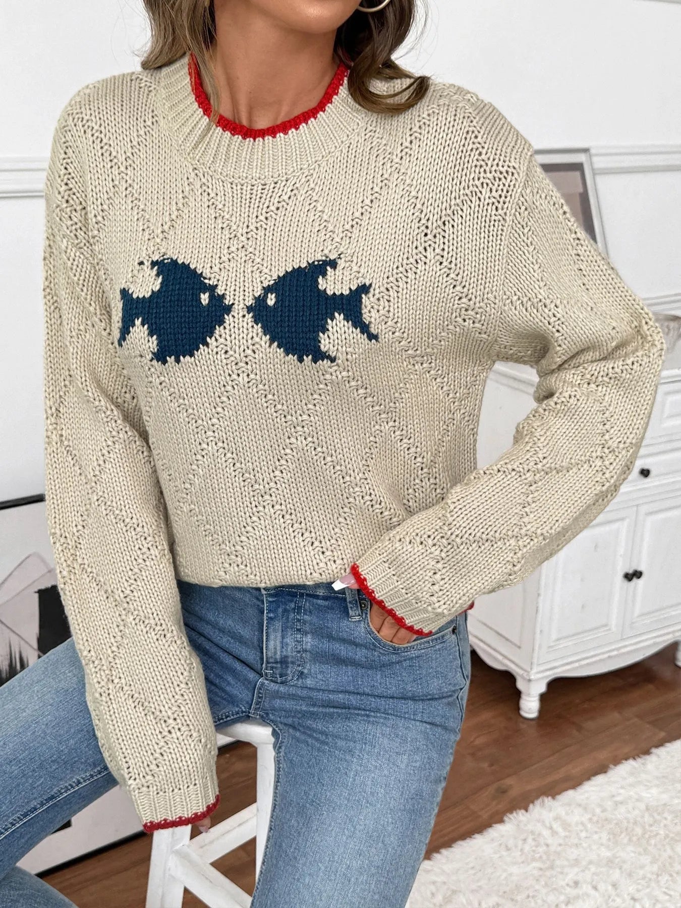 Cozy Fish Pattern Round Neck Sweater