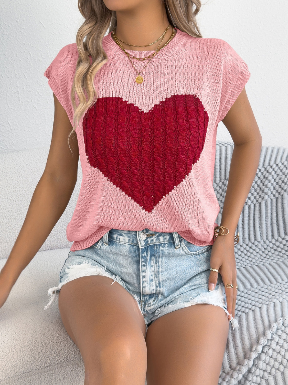 Cable Knit Heart Cap Sleeve Top - Soft & Stylish Blush Pink