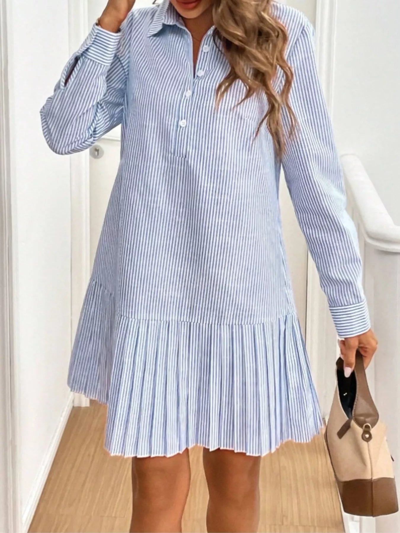 Classic Striped Pleated Hem Button-Up Shirt Dress