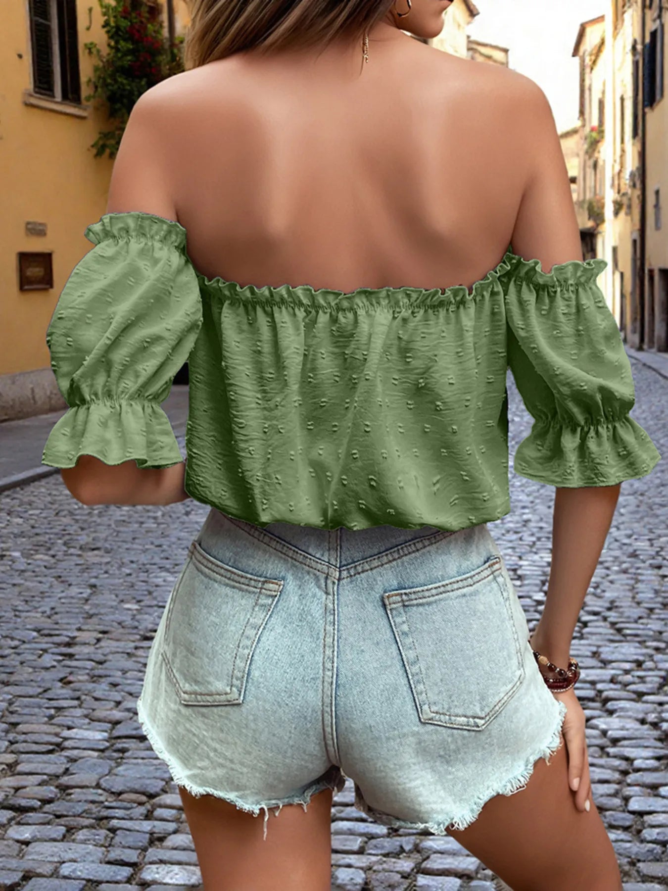 Chic Off-Shoulder Swiss Dot Ruffle Blouse with Tie Front – Elegant and Feminine Style