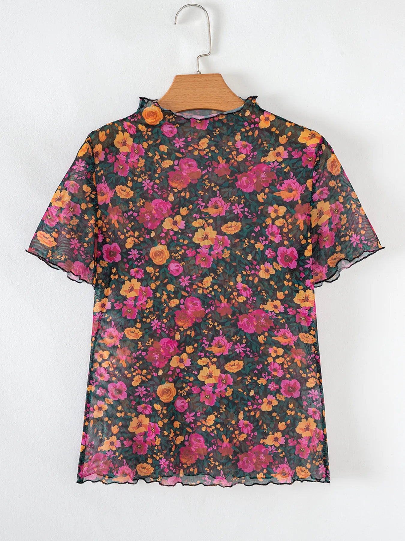 BloomMist Floral Mesh Mock Neck Short Sleeve Top