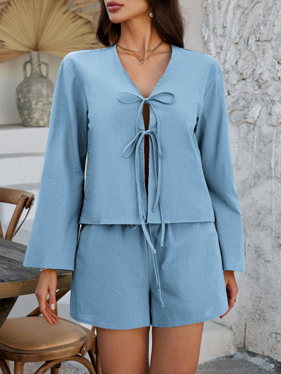 Devine Double Tied V-Neck Top & Shorts Set - Chic & Breathable