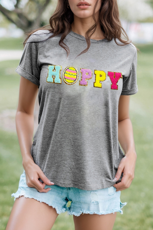 HOPPY Chenille Patch T-Shirt - Cute Easter Tee for Women Gray