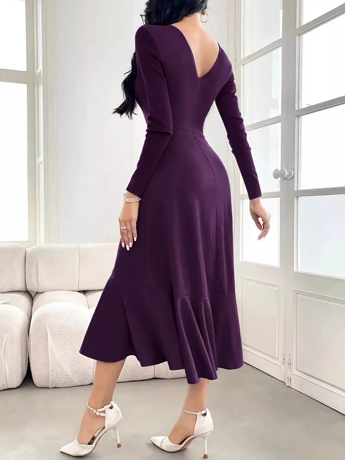 Ruffled Hem Long Sleeve Ruched Slit Dress