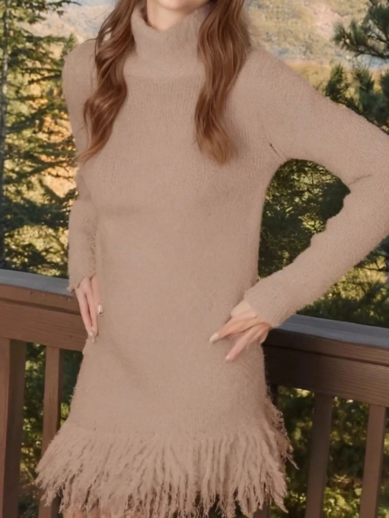 Fringe Detail Turtleneck Long Sleeve Sweater Dress