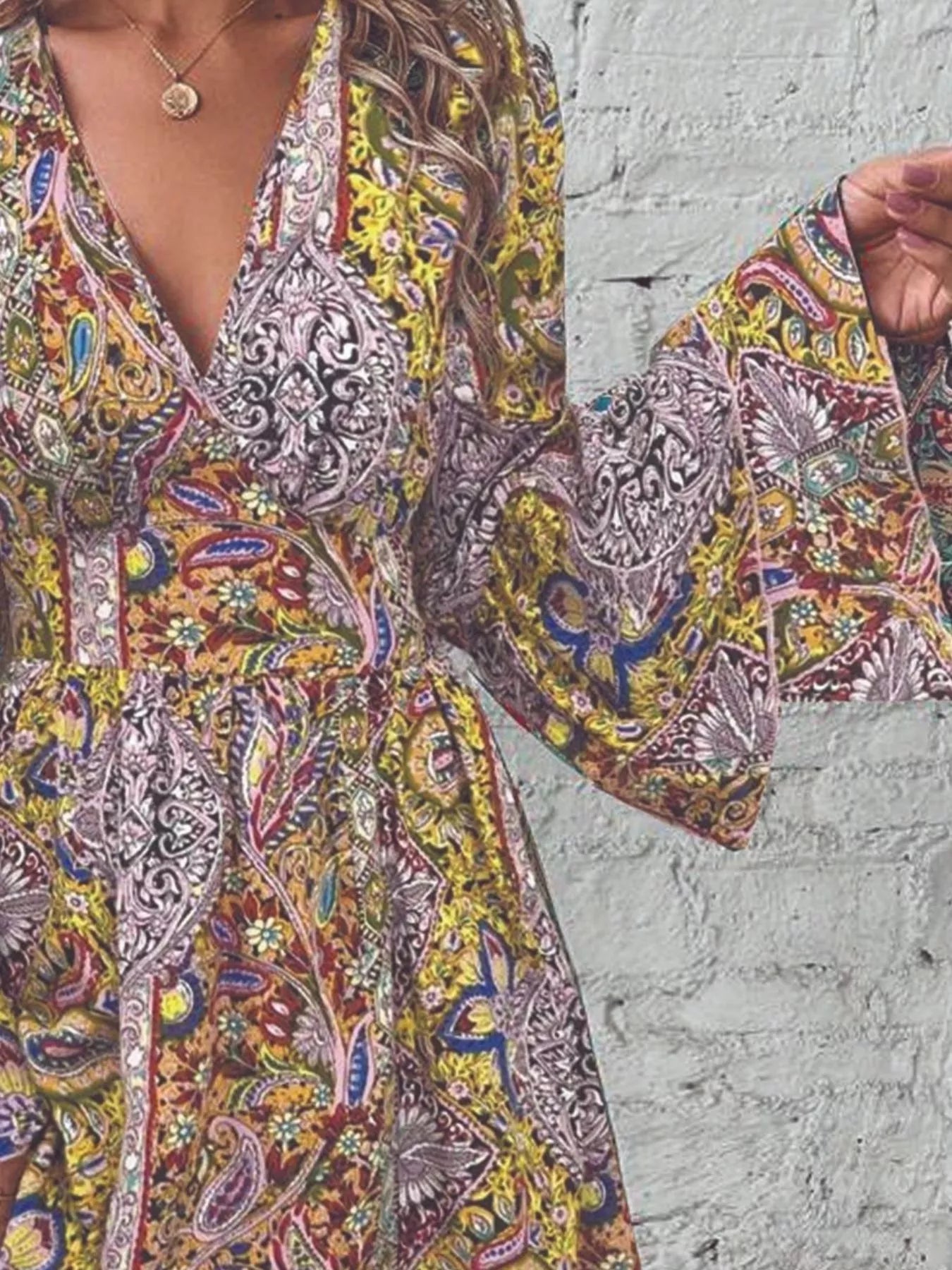 Paisley Print V-Neck Ruffled Flounce Sleeve Dress