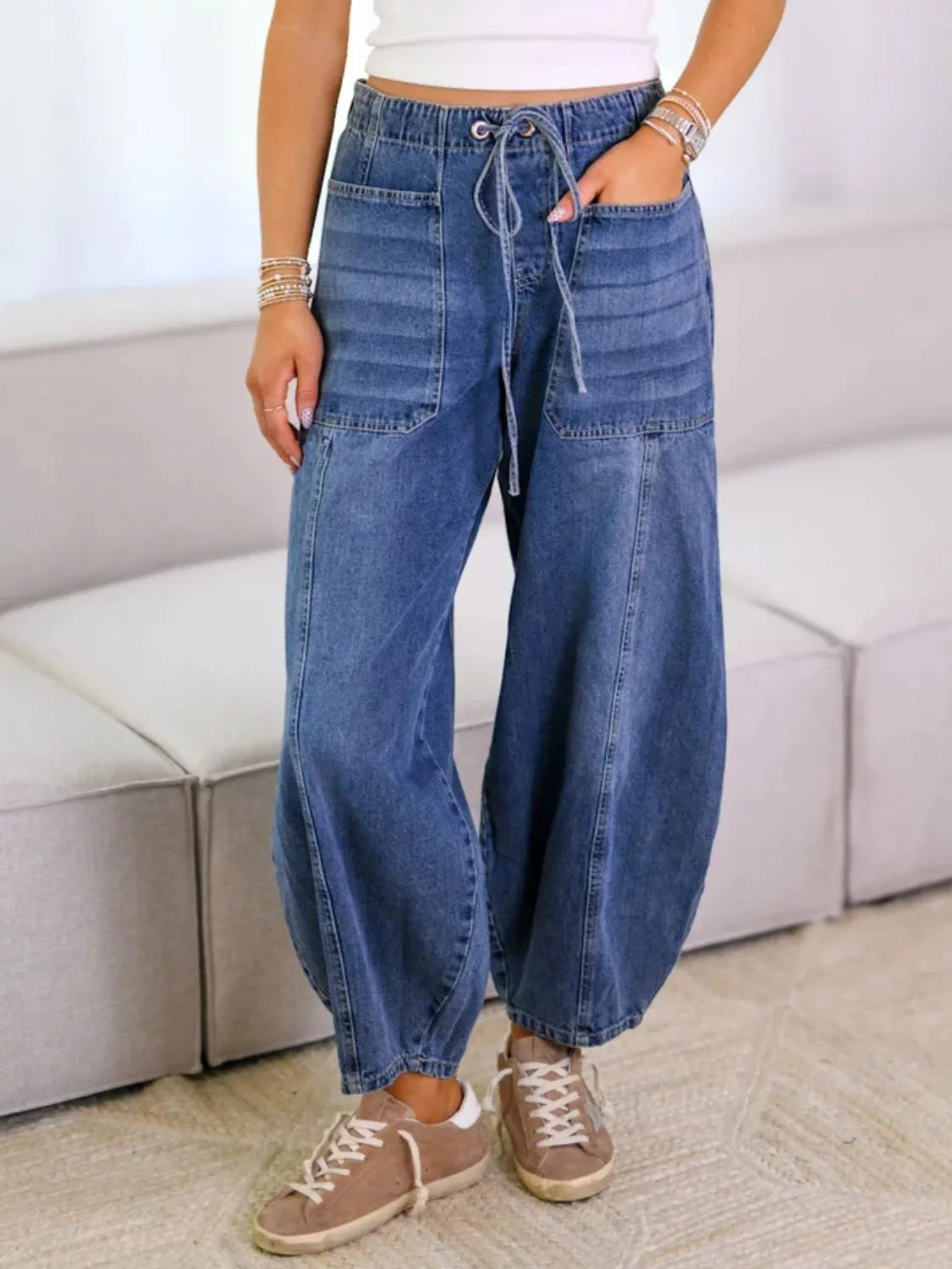 Tied High Waist Wide Leg Jeans Blue
