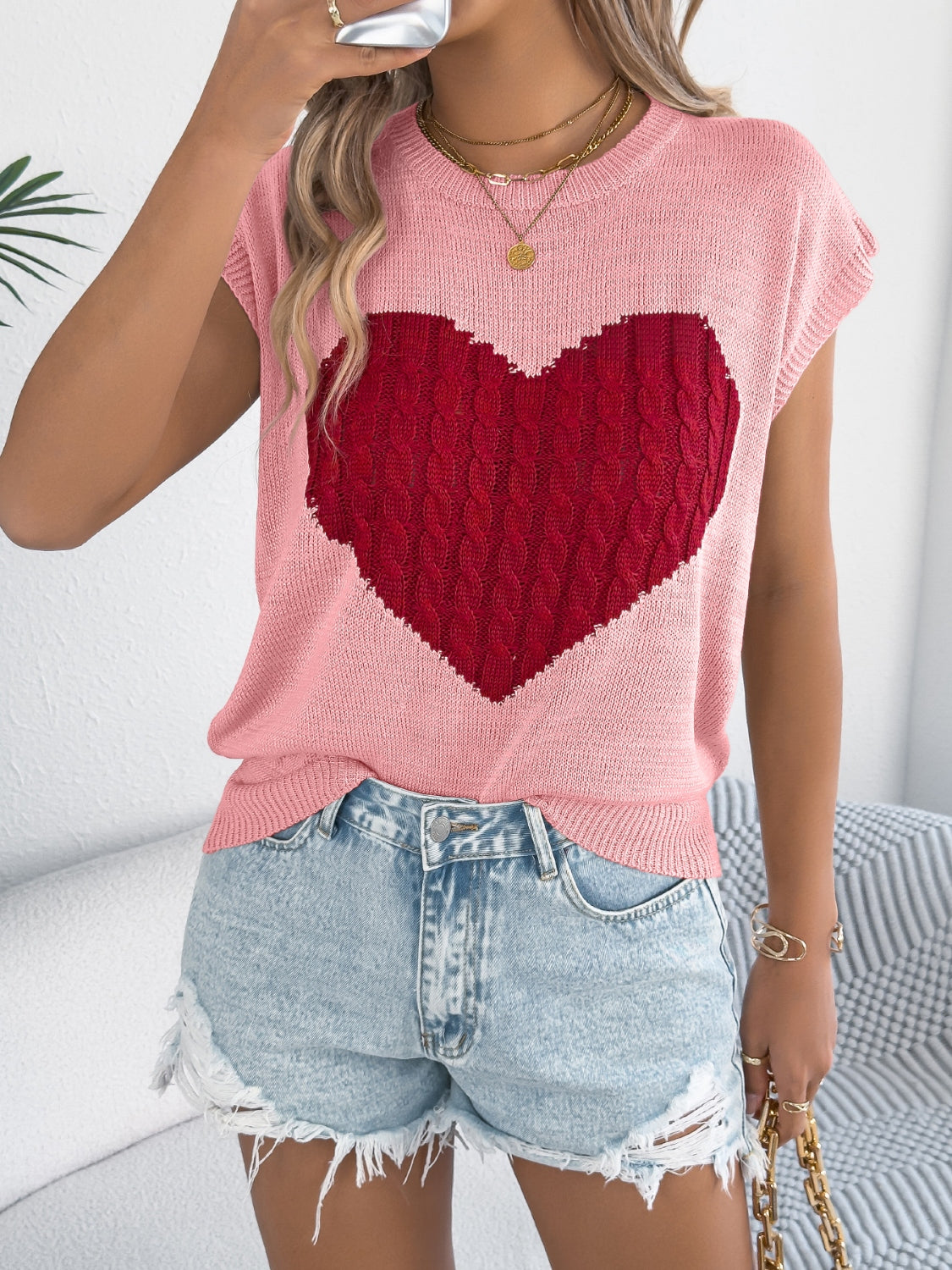 Cable Knit Heart Cap Sleeve Top - Soft & Stylish