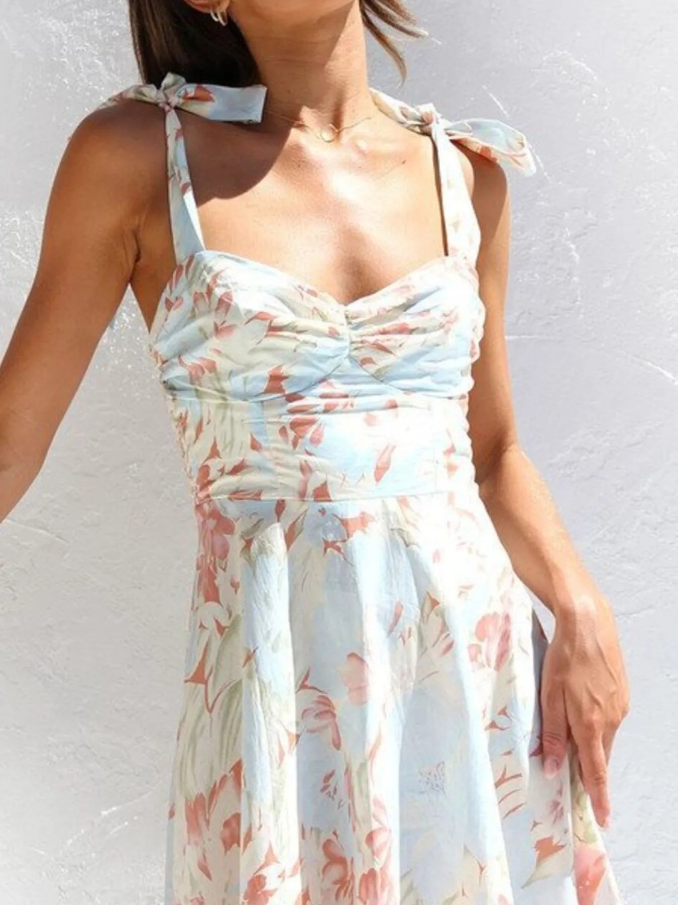 Floral Tie-Strap Sweetheart Neck Midi Dress – Elegant Summer Sleeveless Dress