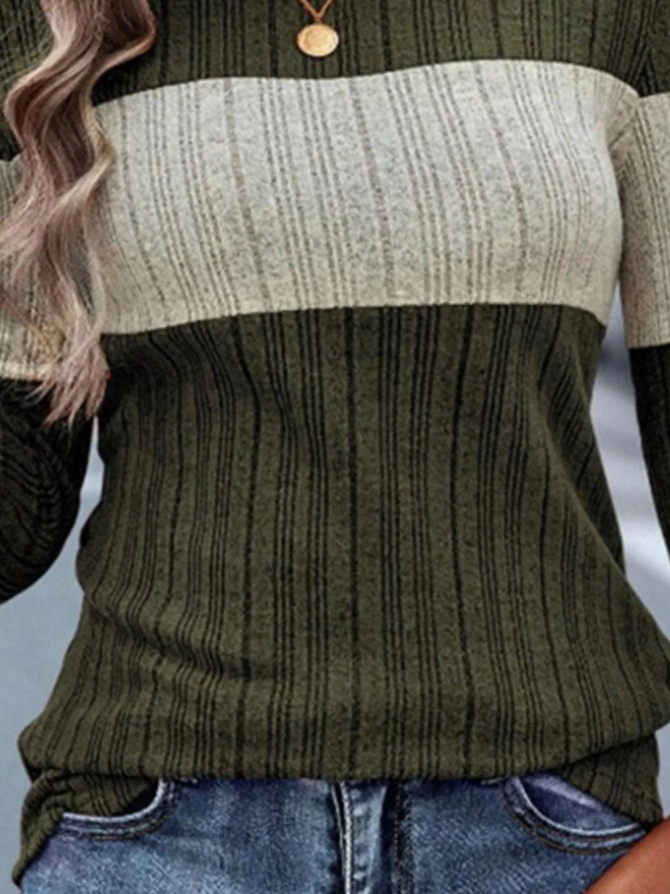 Color Block Round Neck Long Sleeve Sweater – Cozy & Stylish for Fall