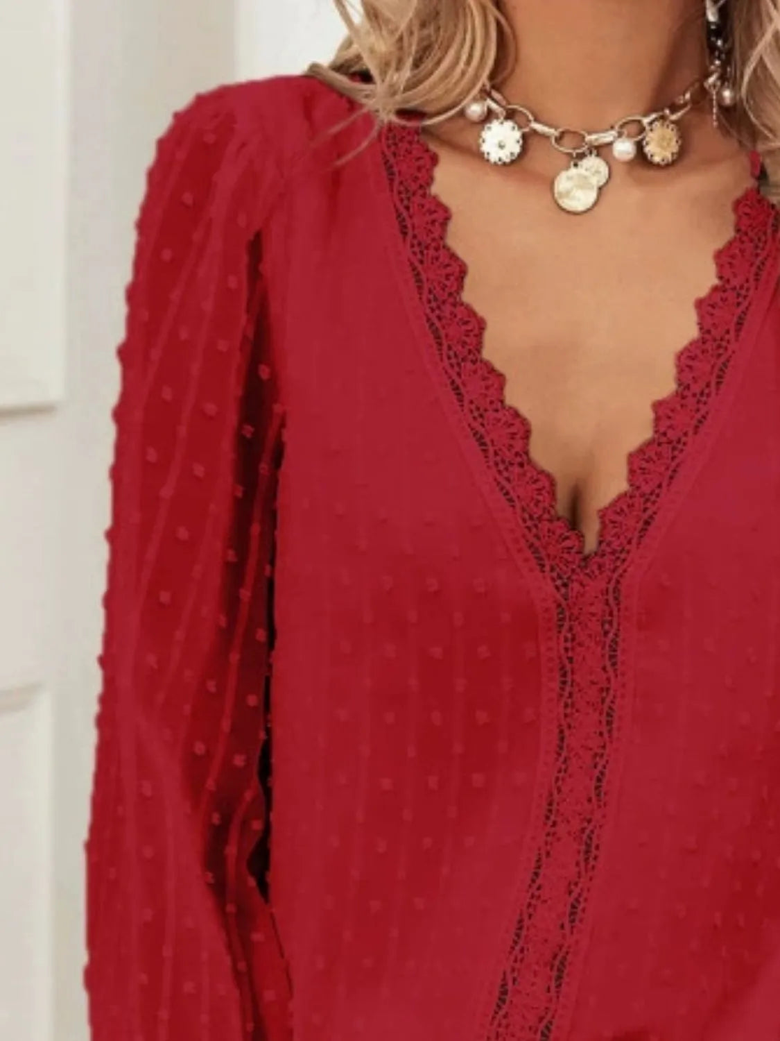 Swiss Dot Lace V-Neck Blouse - Elegant & Stylish