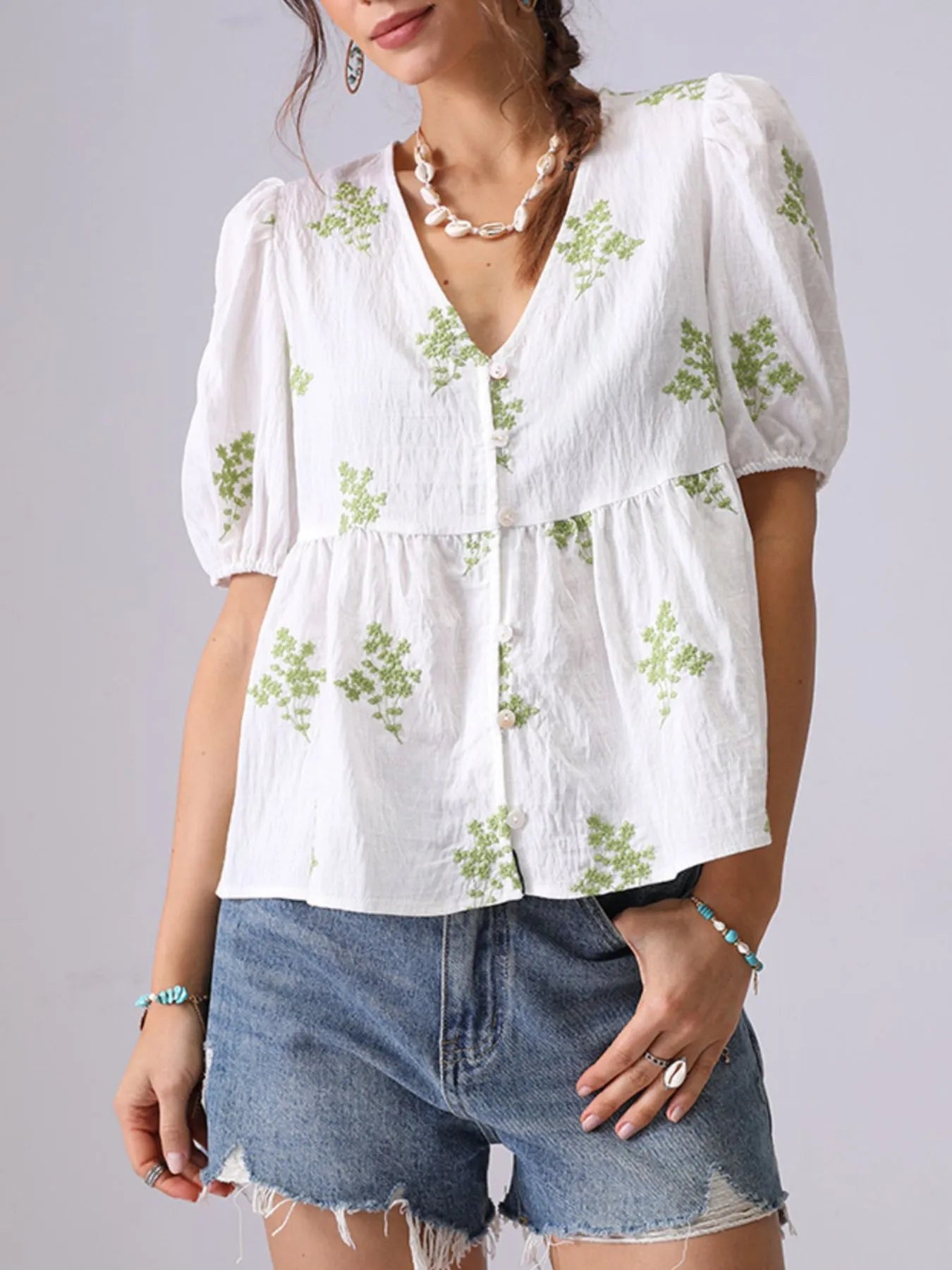 Embroidered V-Neck Puff Sleeve Peplum Blouse
