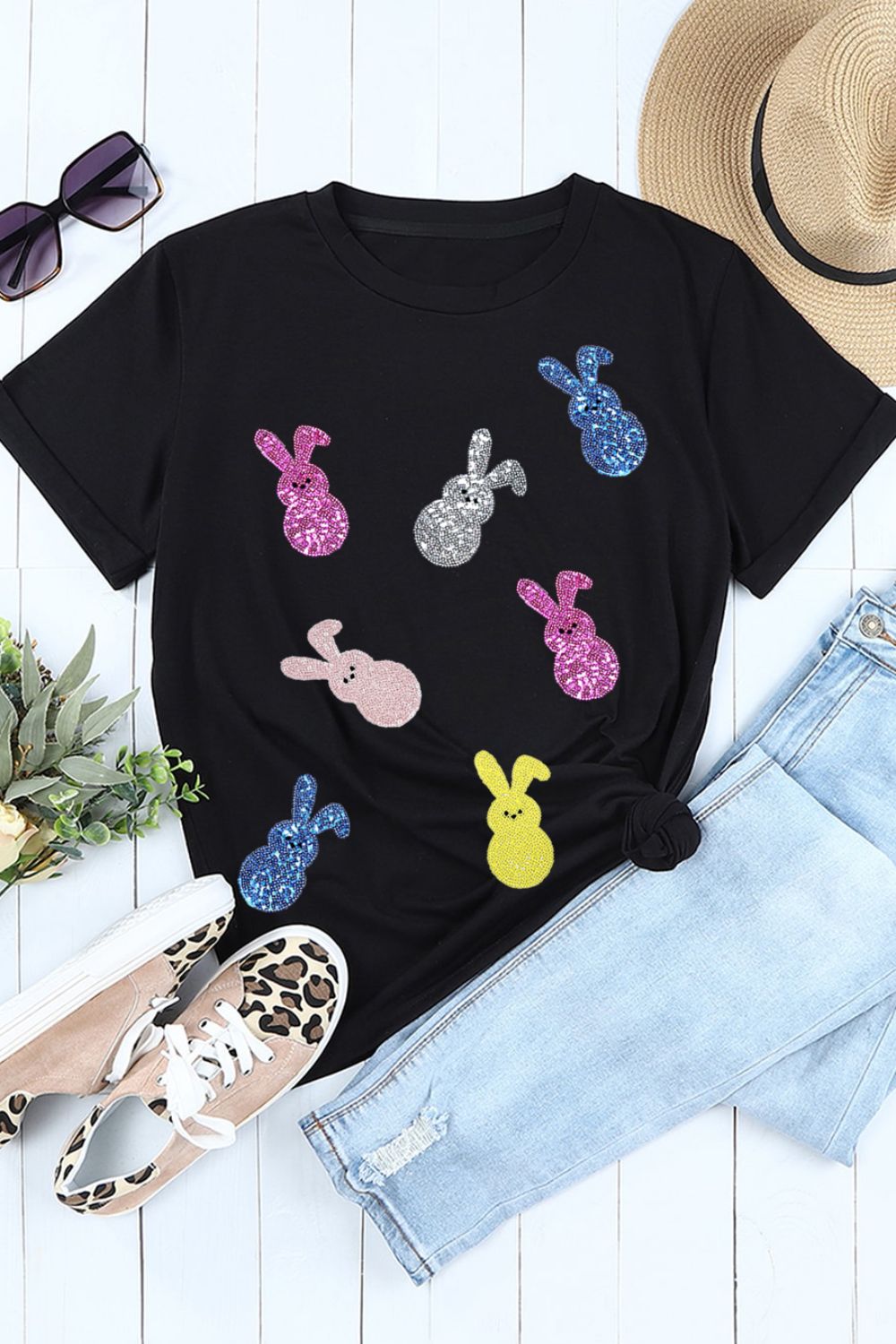 Sequin Bunny Doll T-Shirt - Sparkly Easter Short Sleeve Tee