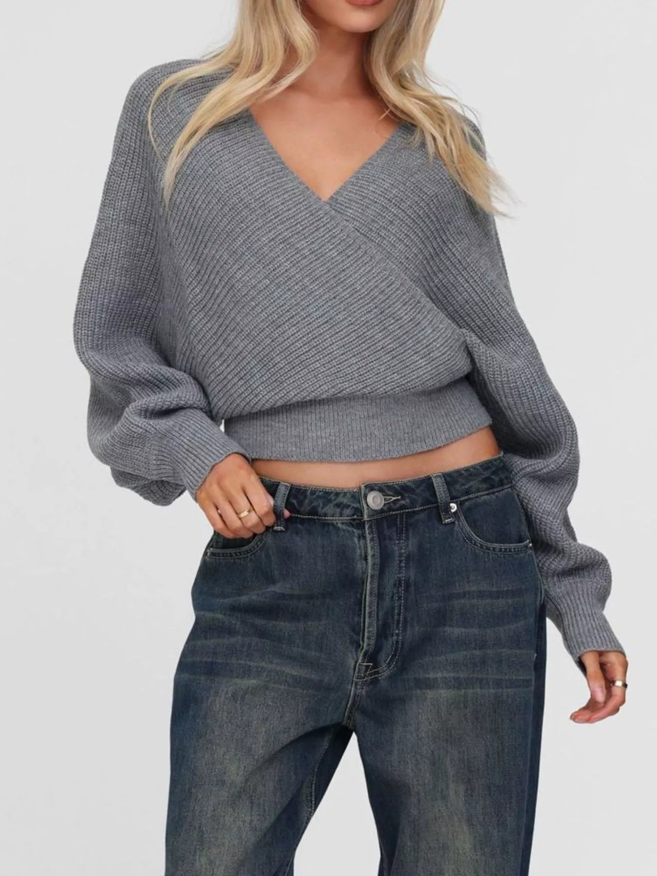 Chic Surplice Cropped Sweater with Stylish Back Tie