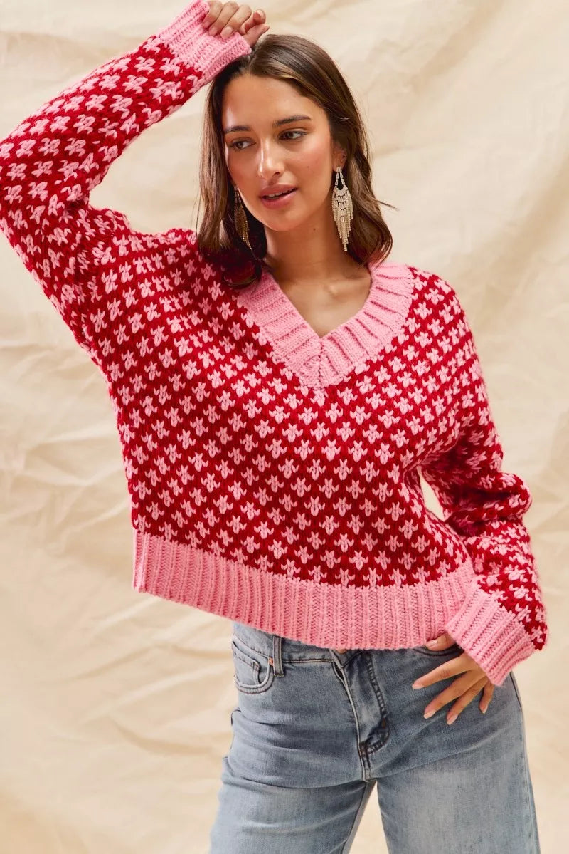 SO ME Color Block Textured V-Neck Christmas Sweater Top