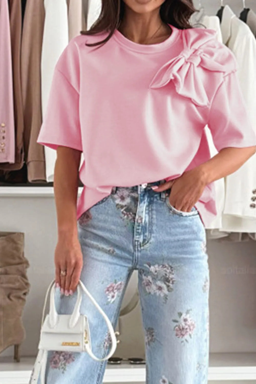 Comfortable Bow Round Neck Short Sleeve T-Shirt