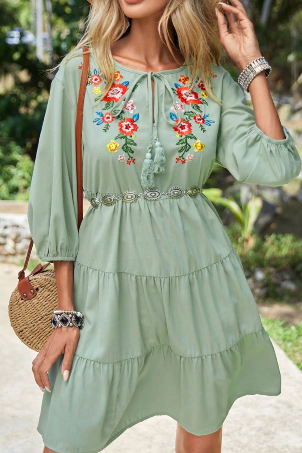 Embroidered Tie Neck Three-Quarter Sleeve Mini Dress