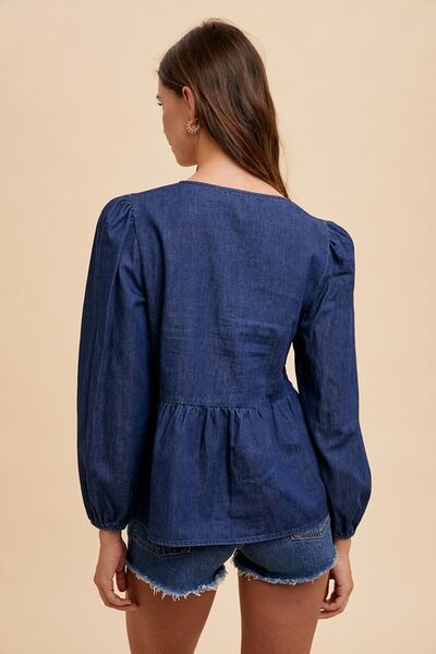 Annie Wear Tie-Front Peplum Denim Blouse - Chic & Feminine