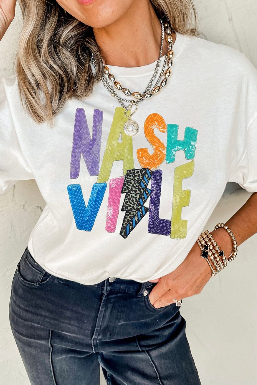 Lightning NASHVILLE Sequin Round Neck T-Shirt White