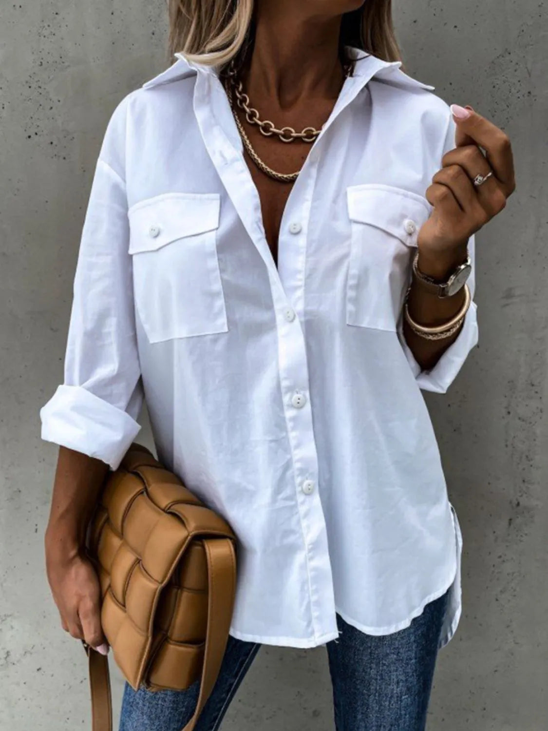 Roll-Tab Sleeve Button-Up Shirt - Lightweight & Chic White