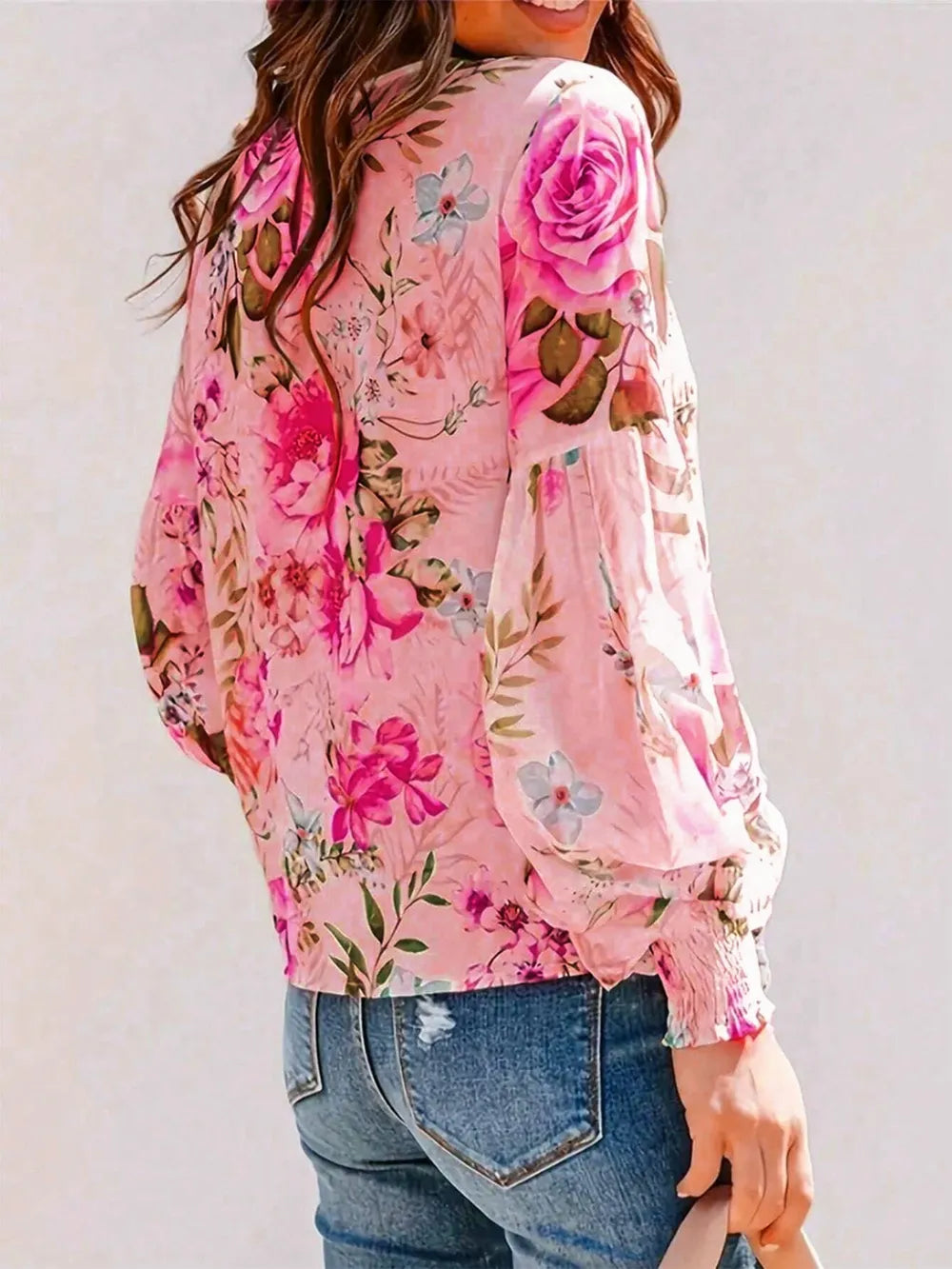 Elegra Smocked Round Neck Lantern Sleeve Printed Blouse