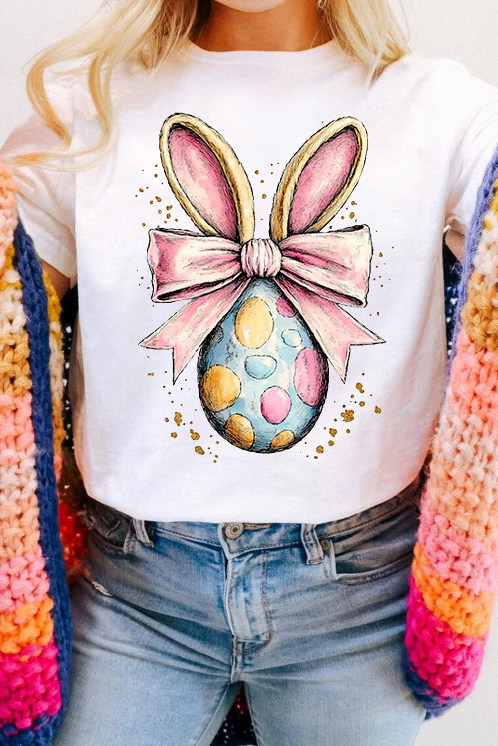 Easter Egg Bow Bunny Ear Graphic T-Shirt - Festive & Cute