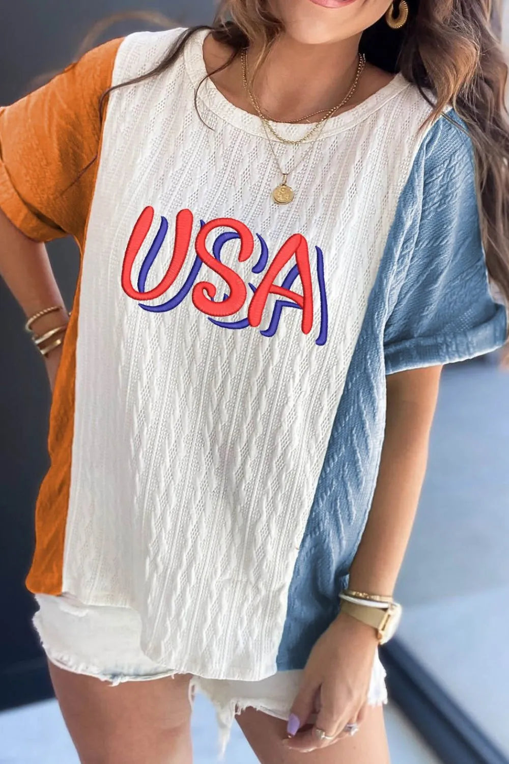 USA Embroidered Color Block Knit Tee with Cuffed Sleeves