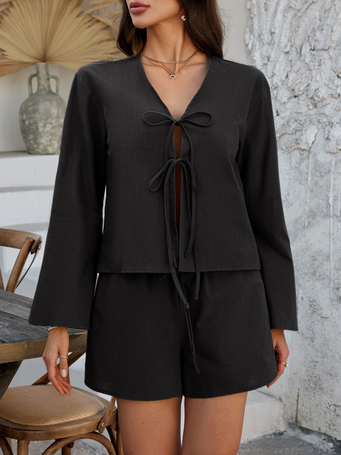 Devine Double Tied V-Neck Top & Shorts Set - Chic & Breathable
