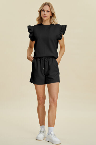 Textured Ruffle Sleeve Top & Shorts Set - Chic & Comfy