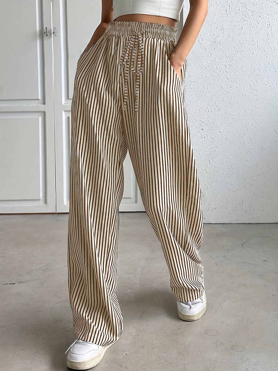 Drawstring Striped Elastic Waist Pants - Casual & Comfortable Tan