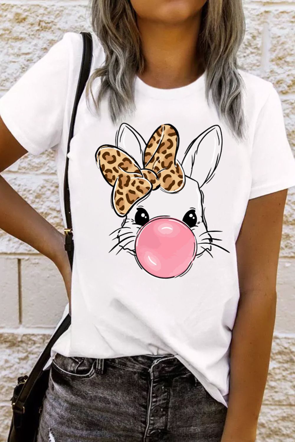 Leopard Bow Rabbit Graphic T-Shirt - Cute & Trendy Tee White