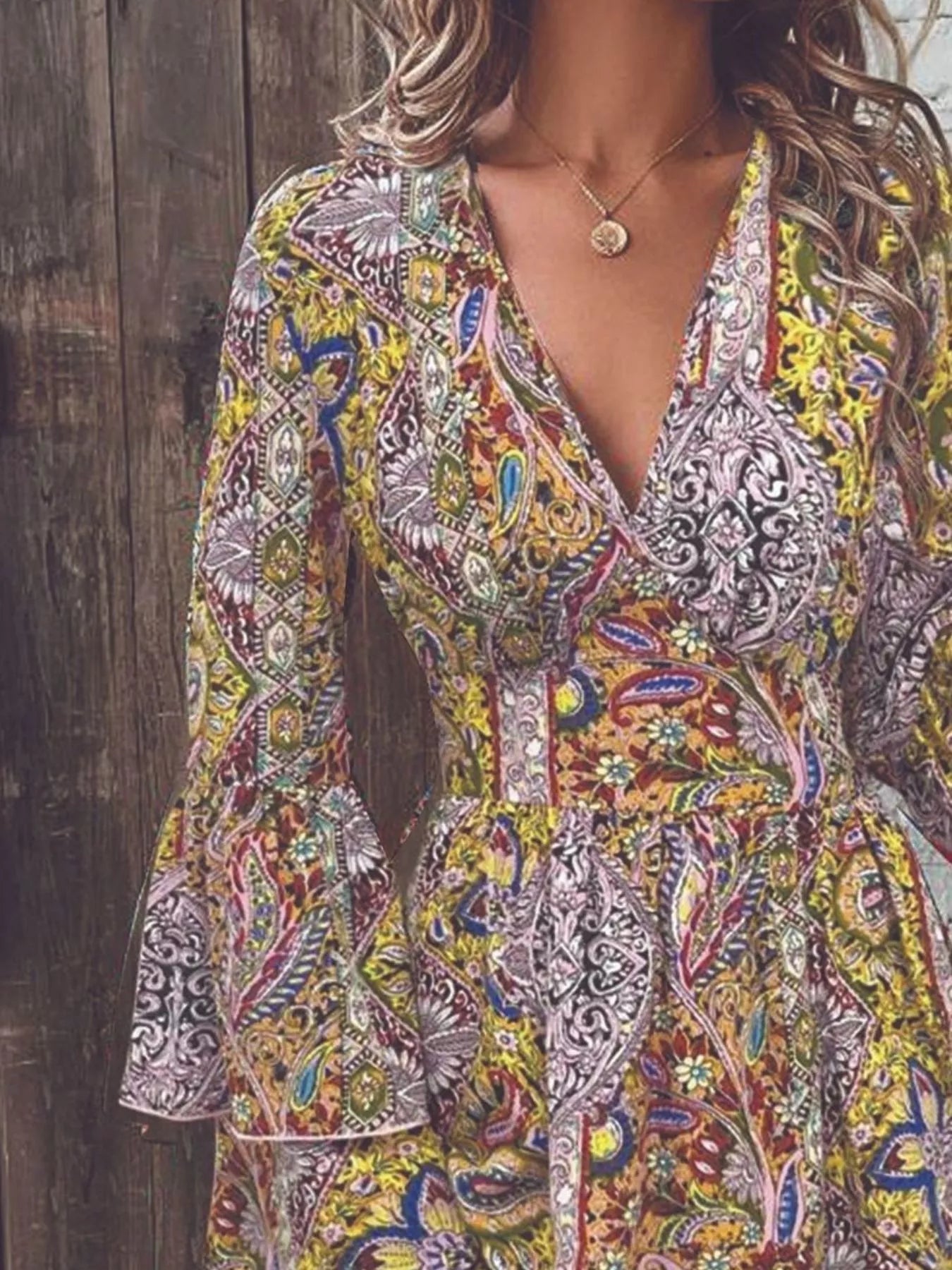 Paisley Print V-Neck Ruffled Flounce Sleeve Dress