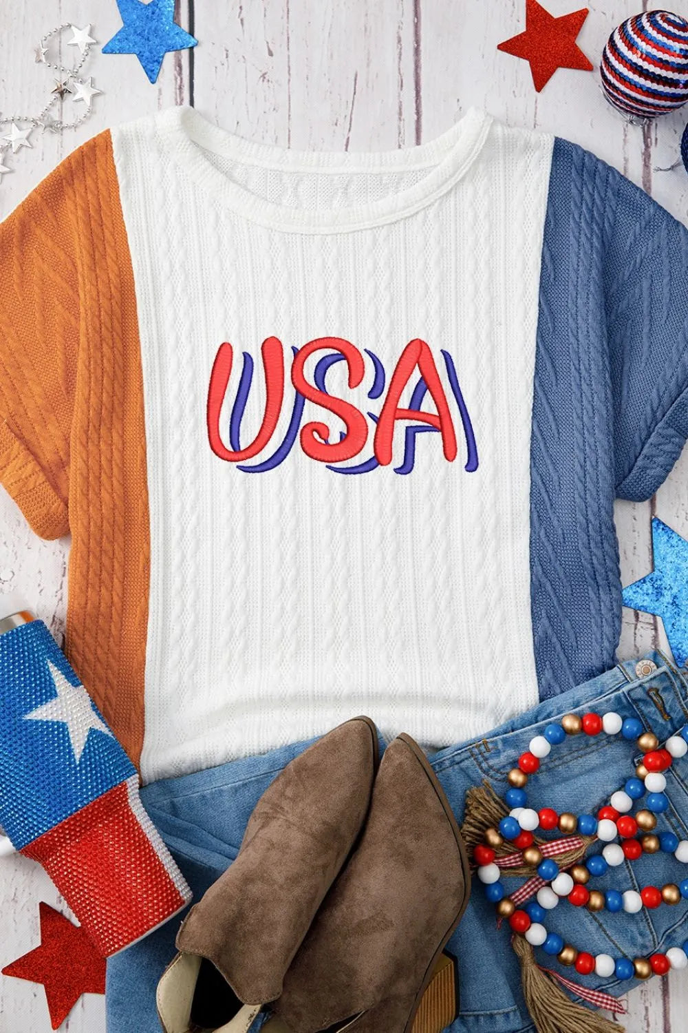 USA Embroidered Color Block Knit Tee with Cuffed Sleeves