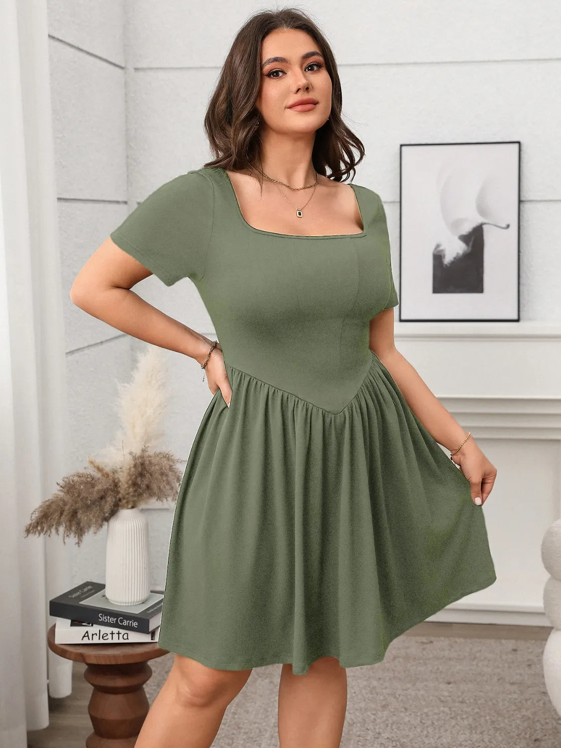 Plus Size Square Neck Short Sleeve Mini Dress – Comfortable & Chic
